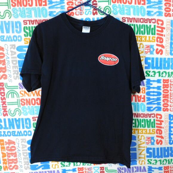Snap On Tools Logo T Shirt Size L Double Sided Black Red Faded - Picture 1 of 5